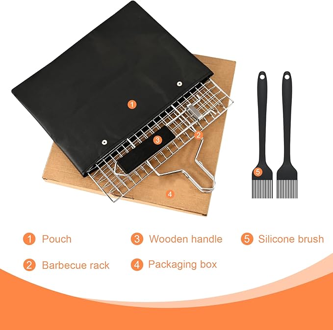 Fish Grill Baskets，Folding Portable Fish Grilling Rack For Grill, BBQ Grilling Basket, Stainless Steel Grill Basket For Veggies, Shrimp, Meat Cook，Come With Storage Bag and Two Basting Brush