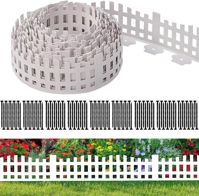 Landscape Edging Borders 49FT x 4.1~4.9IN Tall, Garden Edging with 90pcs Plastic Stakes,Arched Design White Flexible Lawn Edging Border, No Digging Edge Fence DIY for Tree Flowerbeds Grass Yard