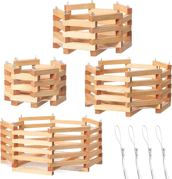 4 Pcs Wooden Orchid Baskets with Hangers for Outdoor Plants, Rustic Handmade Vanda Baskets, Hanging Orchid Planter, 4 Size