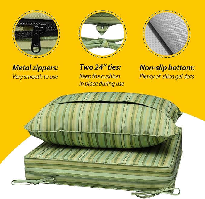 AAAAAcessories Outdoor Seat Cushions for Chairs, Fade-Resistant, Waterproof Patio Furniture Replacement Cushions, 25.5" x 25.5" x 5" + 25.5" x 19", Mossy Forest Stripe