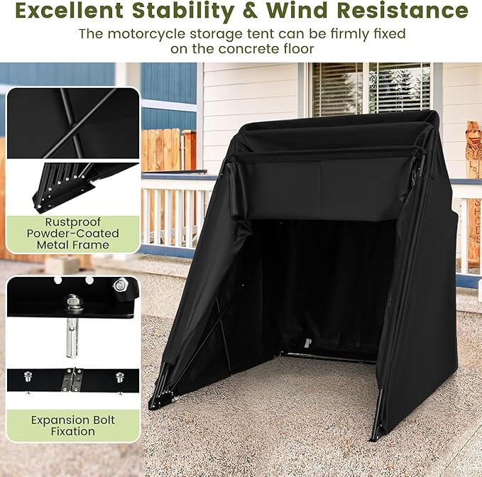 ERGOMASTER 136" x 54" x 75" Heavy Duty Motorcycle Shed, Outdoor Waterproof Tent with 600D Oxford Fabric, Roll-up Mesh Windows, Expansion Bolts