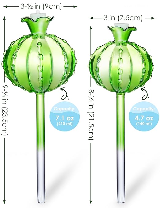 NiHome Plant Watering Globes 4-Pack (2 Small + 2 Large), Green Glass Cactus Self Watering Globe, Glass Waterer for Potted Plants, Automatic Mini Irrigation System, Adorable Gardening Tool