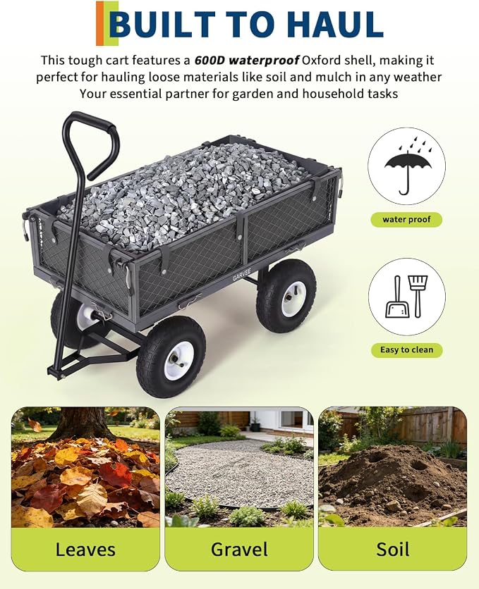 Garvee Versatile Outdoor Utility Cart-400LBS Heavy-Duty, 10" All-Terrain Pneumatic Tires, Easy Maneuverable Lawn Cart with Removable Mesh Panels for Gardening&Landscaping, Grey, with Waterproof Liner