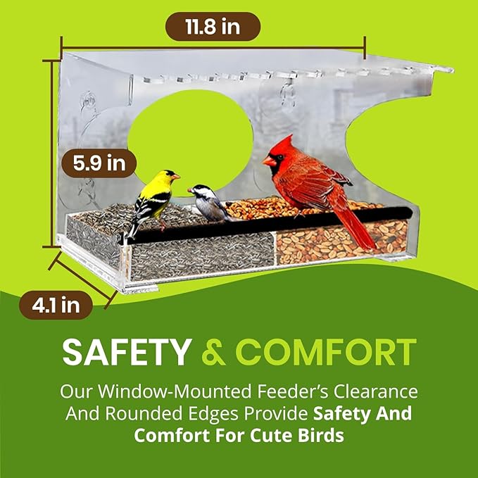 Nature Gear Acrylic Clear Window Bird Feeder with Strong Suction Cups, Removable Sliding Seed Tray, Weather-Resistant & Easy to Clean for Window Viewing, Extended