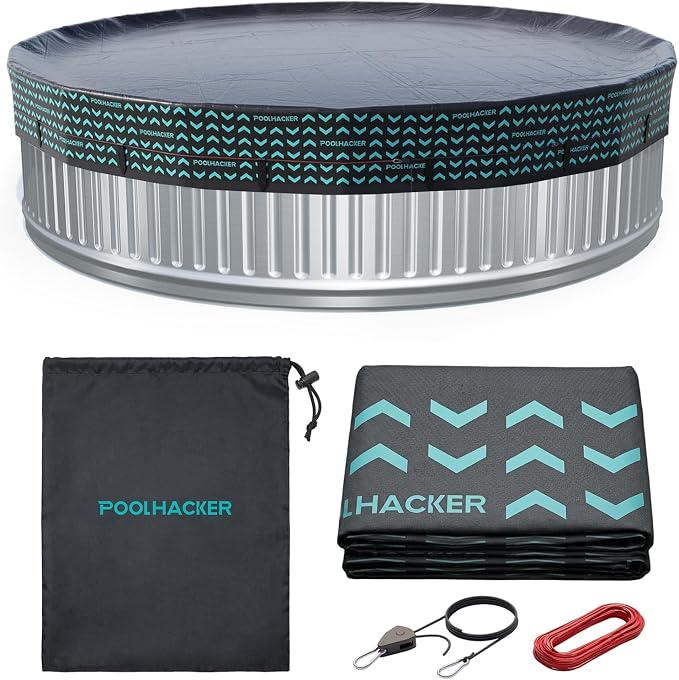 POOLHACKER 10 FT Round Pool Cover 420D Swimming Pool Cover for Above Ground Pools, Solar Pool Cover with Steel Cable & Pulley Tightening, Fit for Stock Tank & Inflatable Pool, UV Resistant