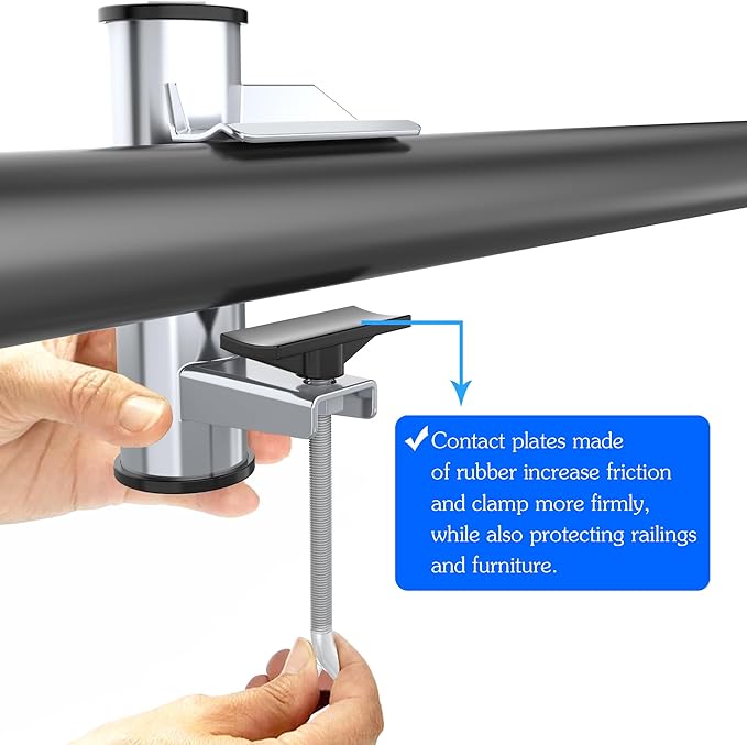 Outdoor Umbrella Clamp, Stainless Steel Deck Umbrella Mount, Adjustable Umbrella Deck Mount with Umbrella Hook Accessory Mount to Picnic Table, Bleachers, Railing (Silver)