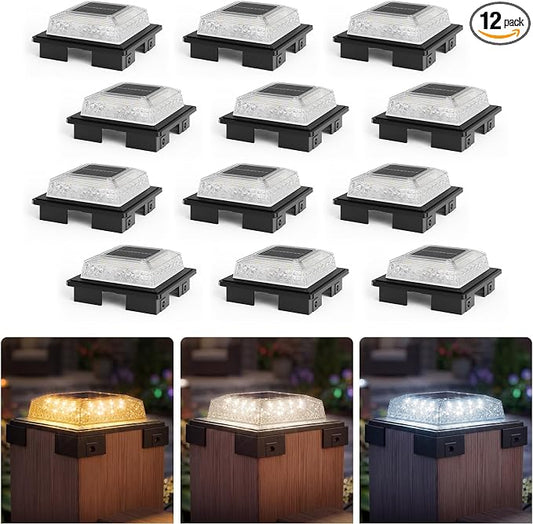 APONUO Solar Post Cap Lights, 3 Color Modes & 2 Brightness, Adjustable Base Fits 4x4 5x5 6x6 Posts (3.5-5.5 Inch), IP65 Waterproof, Deck & Fence Post Lights Solar Powered with Screws, Black, 12 Pack