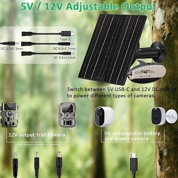 FUTUREZEN Solar Panel for Trail Camera, 10W Solar Battery Charger with 10400mAh Battery, 5V/12V Adjustable Output, USB-C & DC Plugs, IP66 Waterproof, 360° Adjustable Mount, 9.8ft Cable