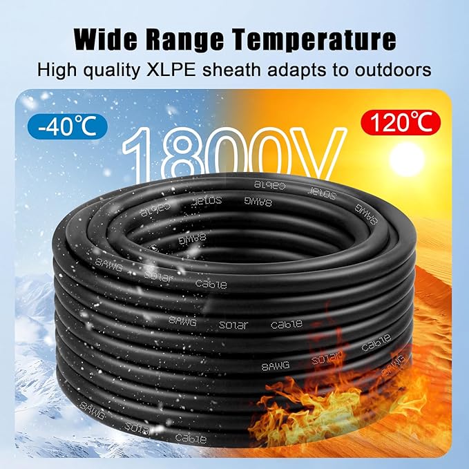 8 AWG Solar Cable 10FT Red + 10FT Black Tinned Copper Wire, 8 Gauge Solar Panel Wire for RV, Automotive, Trailer, Marine, Outdoors