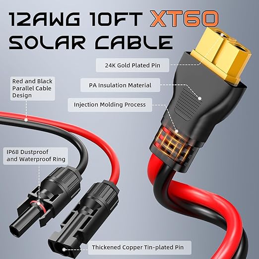 10FT 12AWG XT60 Solar Charging Cable, GIBBAB Solar Panel Connector to XT60 Extension Charge Adapter Cable with Caps & Wire Ties for LiFePO4 Battery RV Portable Power Station Ecoflow Generator