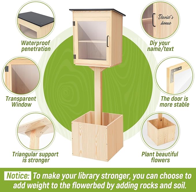 Wonderjune Wooden Little Library Box Outdoor, Weatherproof Double Solid Wood Book Exchange Box with Floor Plugs and Small Flower Fence for Neighborhoods, Community, Literature, School(Natural Wood)