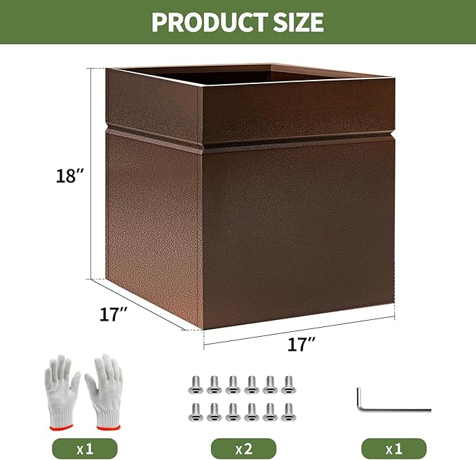 Matel Planter Box 17" L x 17" W x 18" H, Cube Heavy Duty Powder Coating Steel Planters with Drainage Hole, Indoor Outdoor All-Weather Use for Home, Porch, Patio, Garden(Bronze)