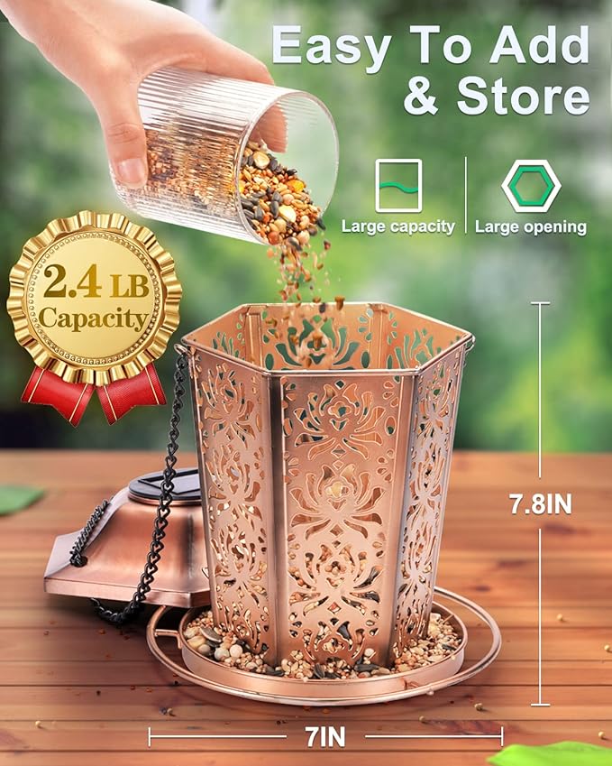 Solar Bird Feeders for Outdoors Hanging - Premium Grade Metal Bird Feeder, Chew-Proof, Weather and Water Resistant Wild Bird feeders, Outside and Garden Decoration-New