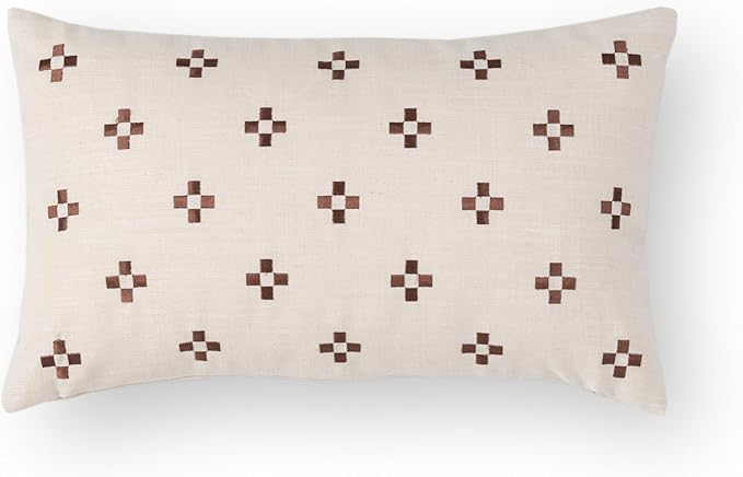 Crumbs Home Modern Farmhouse Fall Linen Indoor Outdoor Lumbar Pillow Cover Only, 12"x20" Water Repellent for Patio, Backyard, Couch, Neutral Rust Small Squares