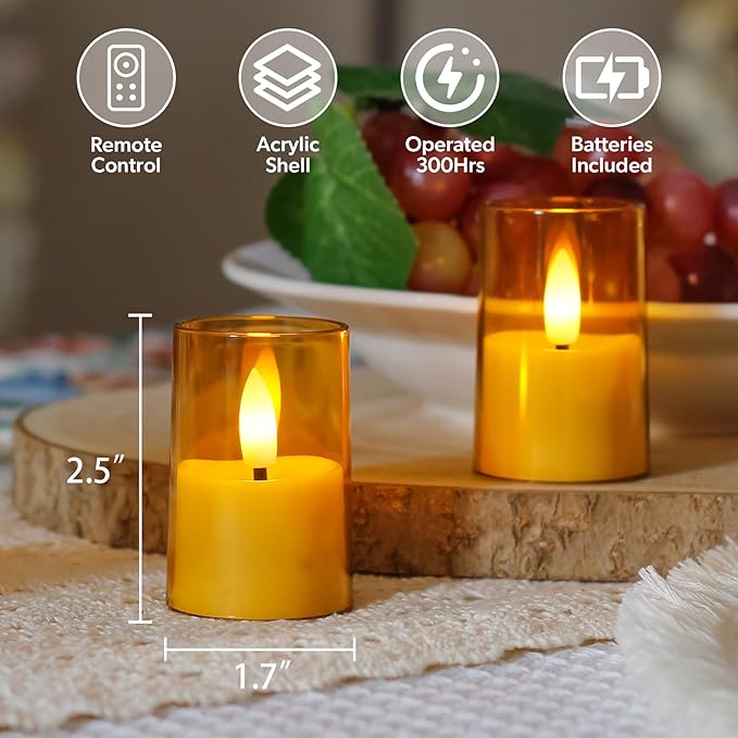 Flameless Small Tea Light LED Candles, Acrylic Battery Operated Votive 1.7" x2.5" with Remote Control and Timer, Tealight Amber Flickering Warm Light Pack of 8 Electric Long Lasting