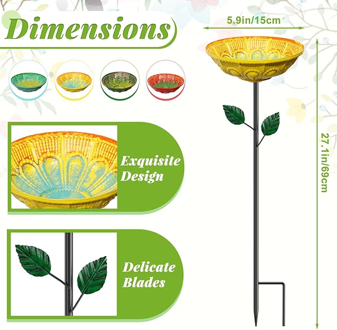 4PCS Metal Bird Bath for Outdoors with Stake, 2-in-1 Hummingbird Bird Bath & Bird Feeder, Metal Birdbath Bowl, Outdoor Bird Bath Decor for Garden Yard Lawn Backyard Patio (Datura)