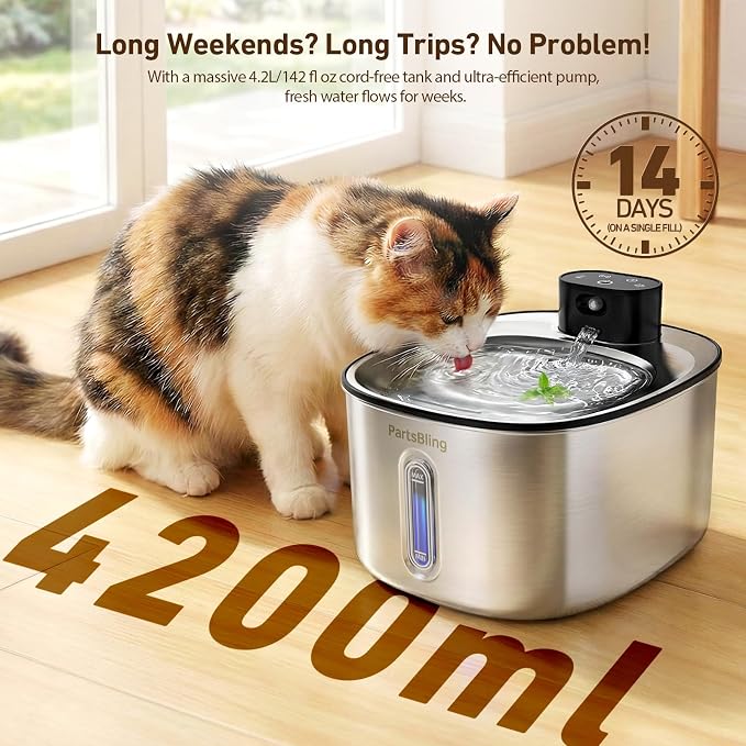 PartsBling Cordless Cat Water Fountain Stainless Steel, 4.2L/142oz Battery Operated Pet Fountain, Ultra Quiet Water Dispenser Cats&Dogs, 5000mAh Rechargeable, Easy to Clean, Includes 4 Filters, Black