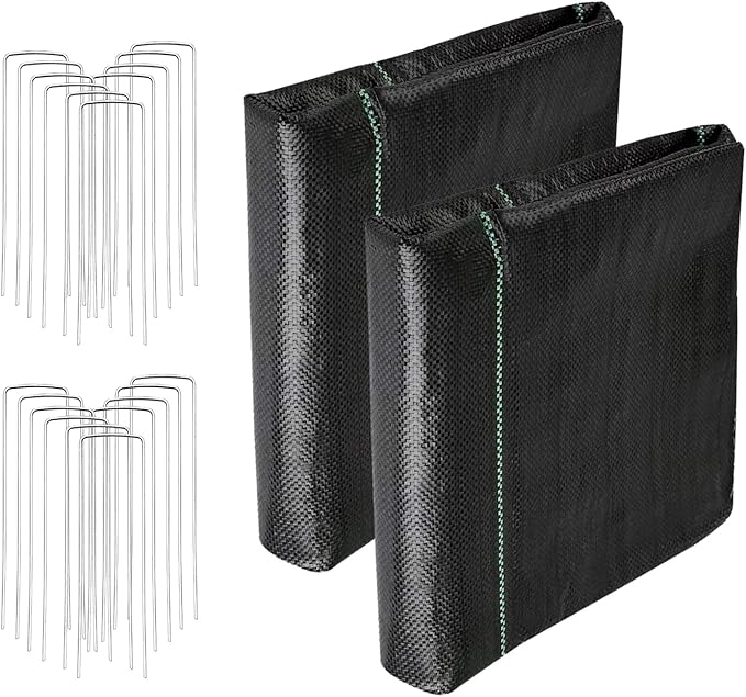 3FT x 100FT Weed Barrier Landscape Fabric (2 Pack 3x50FT) - Premium Heavy-Duty 3.2oz Gardening Weed Control Mat with 20 U-Shaped Securing Pegs - Ground Cover for Gardening, Farming