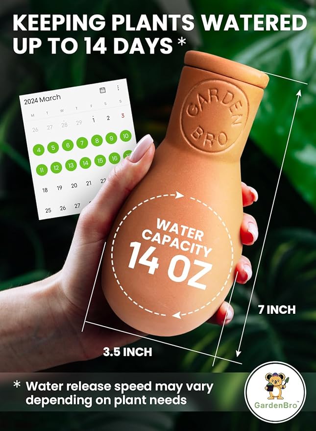 Ollas Terracotta Watering Pots Large - 14 Oz Terracotta Self Watering Globes for 1-Week Easy to Refill - Clay Garden Olla Pots Plant Waterers While On Vacation Outdoor & Indoor [1pc Large 14oz]