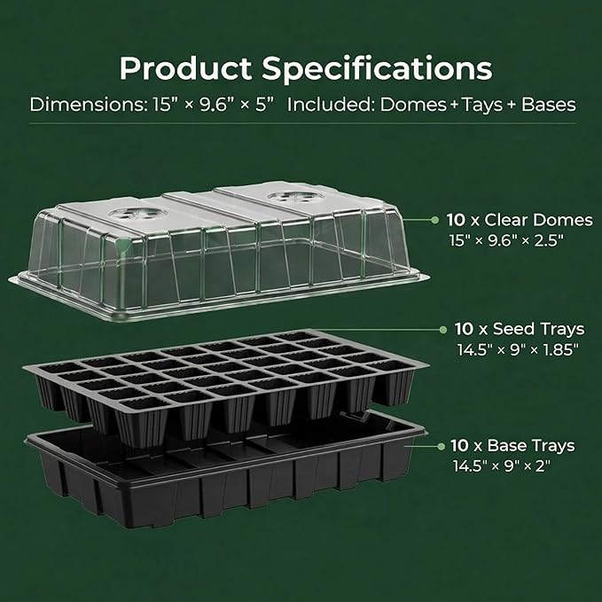 Gardzen 10-Set Garden Propagator Set, Seed Tray Kits with 400-Cell, Seed Starter Tray with Dome and Base 15" x 9" (40-Cell Per Tray)