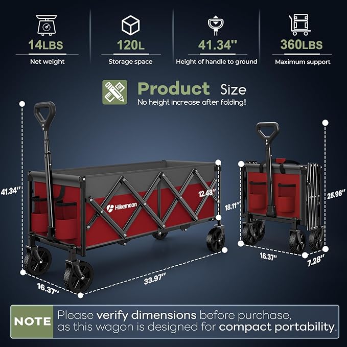 Hikemoon 34'' Extra Long Collapsible Wagons Carts Foldable, 360LBS Heavy Duty Folding Beach Wagon with Wheels, Portable Utility Outdoor Cart for Grocery, Garden, Sports, Camping, Red & Grey