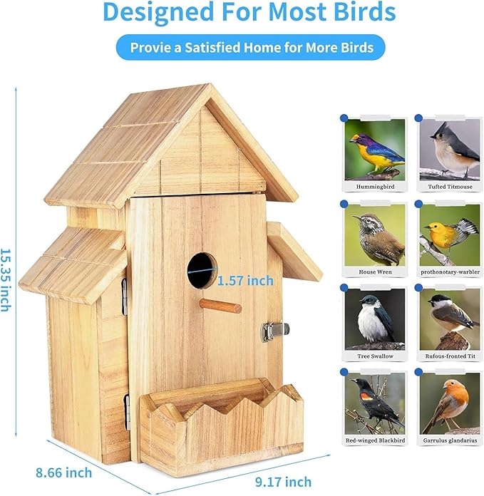 Bird House with Camera, 1080p HD Bird Houses for Outside with Nest Auto Capture Photo & Video, Smart Bird House with Camera Solar Powered 2.4G WiFi & App Notify in Real Time Dark Color (Light, Normal)