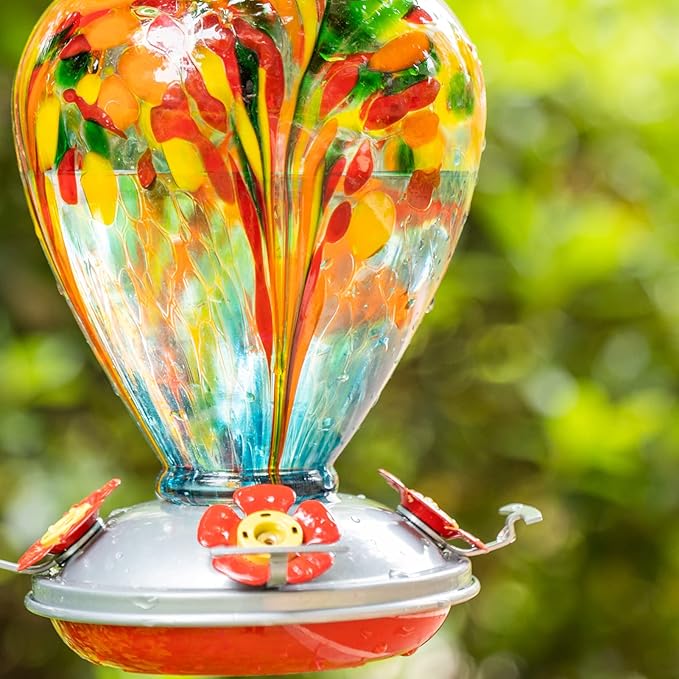 Hummingbird Feeder, 34OZ Hand Blown Glass Hummingbird Feeders for Outdoors Hanging, 4 Feeding Perch with Ant Moat Leakproof, Garden Yard Decor Gifts for Women Mom (Holiday Balloon) | LaElvish Garden Hummingbird Feeder, 34OZ Hand Blown Glass Hummingbird...