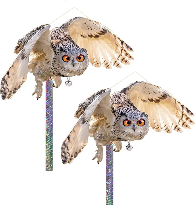 Fake Owl to Keep Pigeon Away from Roof, 2PCS Flat Plastic Owls with Reflective Tape, Pigeon Scare Devices, Garden Owls to Scare Woodpecker Squirrel, Hanging Owl Decor for Porch Patio Outside