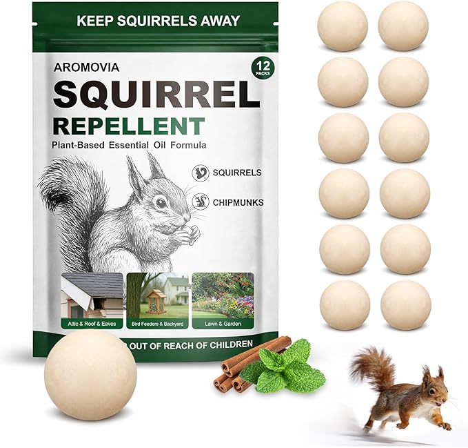 Squirrel Repellent Outdoor Powerful Peppermint Oil Squirrel Repellent Balls, 12-Pack Chipmunk Repellent Peppermint Balls for Outdoor, Pet Safe Formula Squirrel Deterrents for Garden, Patio, Yard