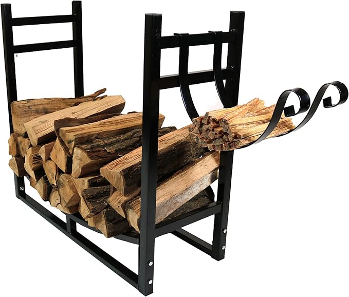 Sunnydaze 33" Indoor Firewood Rack with Kindling Log Holder - Heavy-Duty Outdoor Wood Storage for the Fire Pit or Fireplace - Black