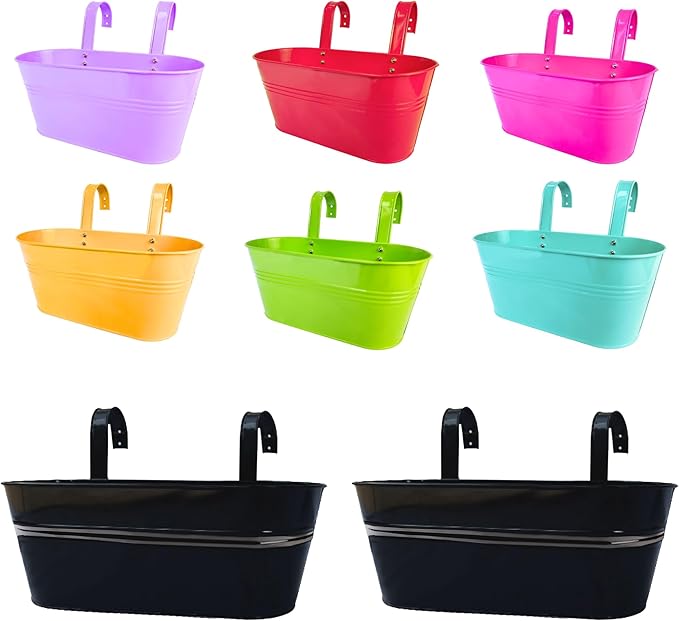 LaLaGreen Bundle- 6 Pack, 11.2 Inch Multicolor Metal Pot + 2 Pack, 15 Inch Black Metal Pot Hanging Outdoor Fence Rail Flower Herb Holder with Hook Strawberry Planter Bucket Window Porch Patio Balcony