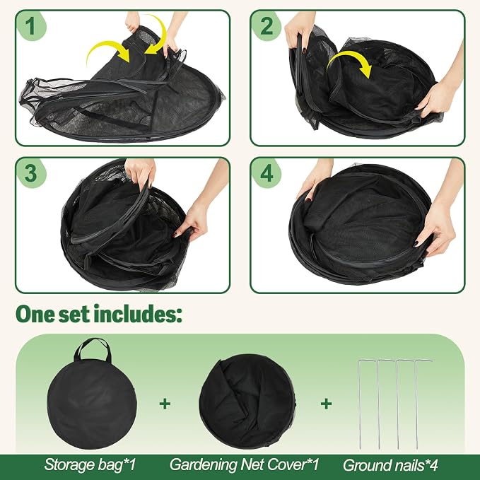 Domensi 4 Pcs Summer Pop Up Gardening Net Cover 33.5 x 33.5 x 37 Inch Pop up Mesh Plant Cover with 16 Ground Stakes for Vegetable Fruit Flower Plant Protectors from Animals Plant Tent Popup Greenhouse