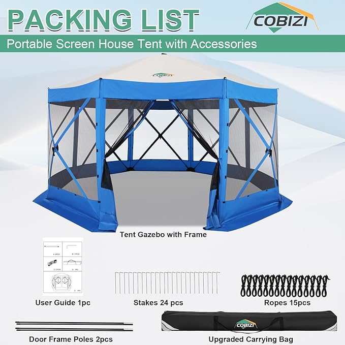 COBIZI 15x15 FT Pop Up Gazebo - Canopy Tent, Large Gazebos On Clearance with Sidewalls, Screened in Gazebo,carpas para Patio,Portable Screen Tents for 12-15 Persons Outdoor Camping, Backyard,Blue