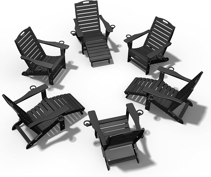 Ciokea Folding Adirondack Chair Set of 6 with Retractable Ottoman Fire Pit Patio Chair with Pull Out Foot Rest Weather Resistant Lawn Outdoor Chair with 2 Cup Holder(Black)