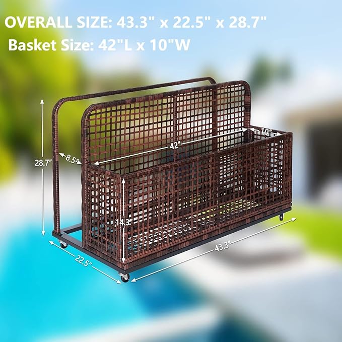 Outdoor Storage Basket, 43.3" x 22.5" x 28.7" Poolside Float Storage, All-Weather PE Rattan Pool Float Caddy With Wheels, for Patio, Poolside, Backyard, Floaties, Life Vests, Beach Balls