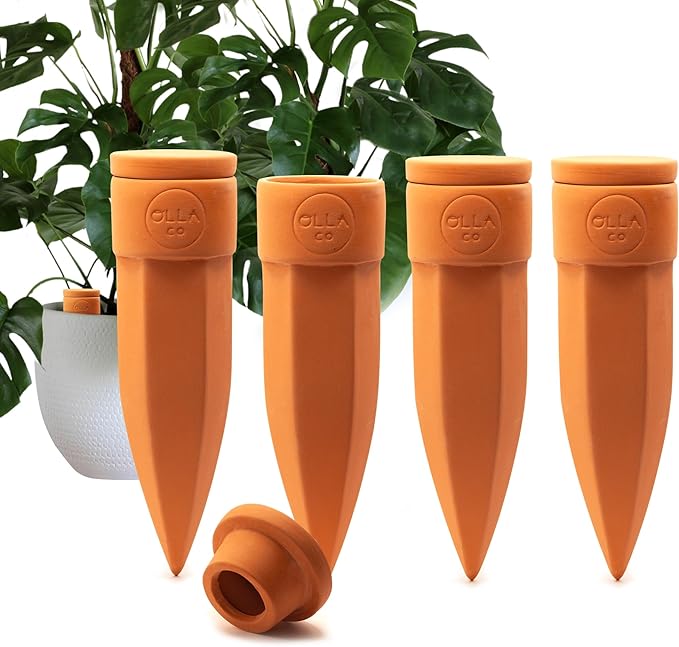 The Olla Company Plant Watering Spikes with Lids - Ideal for 8”-12” Pots - Vacation Friendly - Terracotta - Large - Set of 4