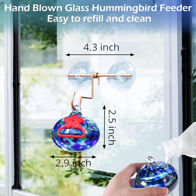 Window Hummingbird Feeder with Suction Cups,Hand-Blown Glass Hummingbird Feeders for Outdoors Window Mounted with Metal Hook,Close Bird Watching,Finch in Garden,Yard(Dotted Blue)