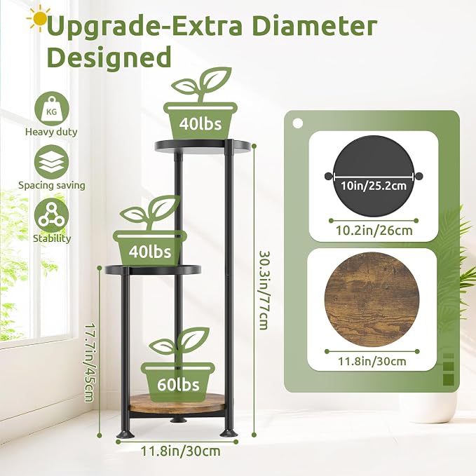 Oppro 3 Tier Plant Stand Indoor Outdoor, 10in Wide Metal Tiered Tall Flower Pot Holder Multiple Shelf, Large Heavy Duty Round Rack for Patio Garden Living Room Balcony Corner Bathroom Orchid,Modern Black