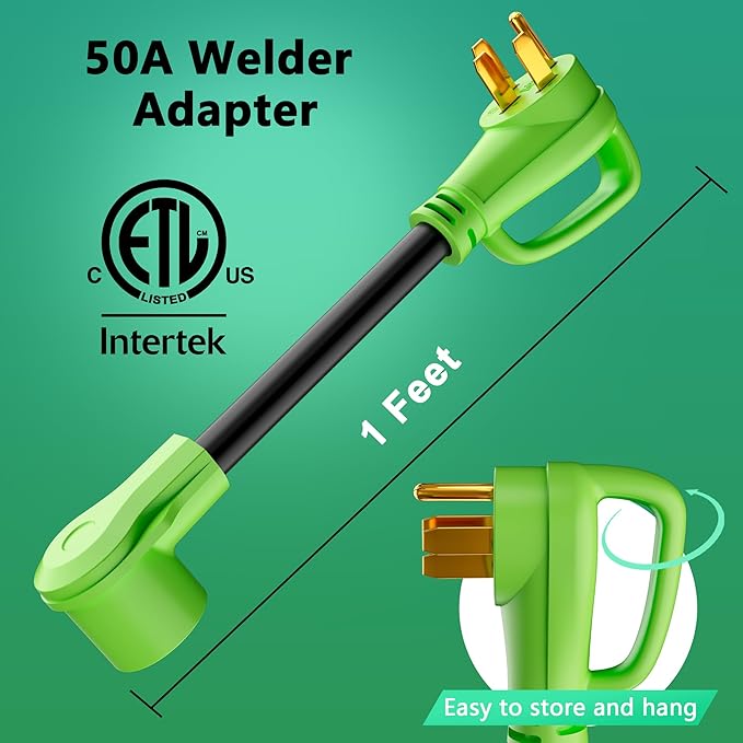 NEMA 14-50P to NEMA 6-50R Welder Adapter Cord, 50 Amp Heavy Duty Welder Welder Plug Outlet Adapter, 14-50P Male Pug with Handle to 6-50R Female, STW, 8AWG, 250V, 12500W, ETL Listed, 1FT