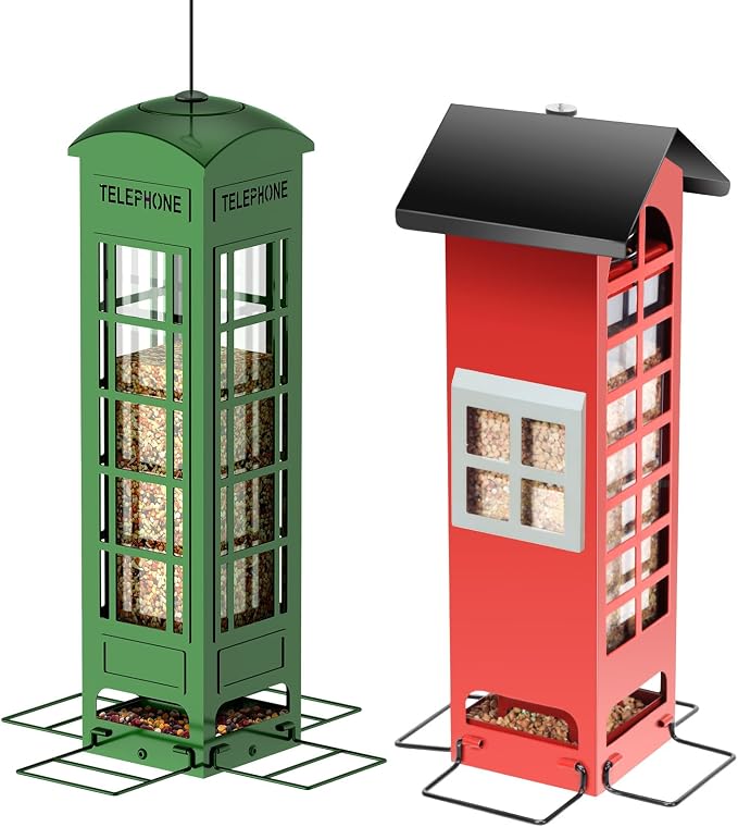 Bird Feeder Squirrel Proof for Outdoors Hanging - Gravity Protection Metal Wild Bird Feeders Tube Bird Seed Feeder with 4 Feeding Ports,2.5LB Large Capacity for Cardinal, Sparrow, Finch, Chickadee