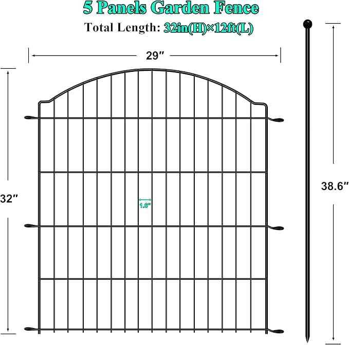 Decorative Garden Fences 32in x 12ft, 5 Pack Outdoor Fencing Animal Barrier Dog Border, Metal Wire Fence Panels for Garden Decor, Flower Bed Edging Borders for No Dig Patio Yard
