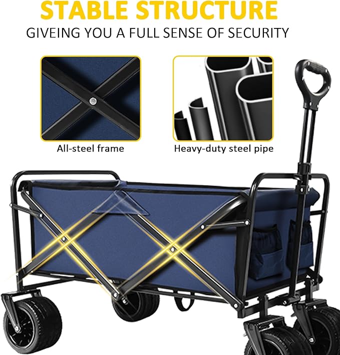 Foldable Wagon Cart, Collapsible Wagon Cart, 300lbs Folding Utility Wagon with All-Terrain Wheels, Collapsible Wagon for Gardening, Camping, Beach, Outdoor Use, Blue