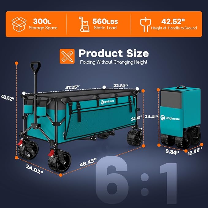 48" L Collapsible Wagon Cart Foldable, 560lbs Weight Capacity 300L Heavy Duty Folding Beach Wagons with Big All-Terrain Wheels, Utility Carts for Groceries, Shopping, Camping, Sports - Grey&Turquoise
