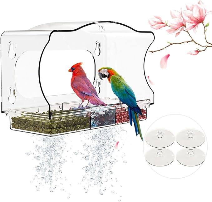 Window Bird Feeder Viewing Box - 10x6 Inches Clear Bird Feeder for Window with 4 Strong Suction Cups, 3 Compartment Trays, Birdfeeders Outside Hanging for Cardinal, Robin, Blue Jay