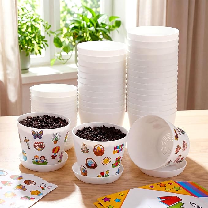 Domensi 30 Pack Garden Pot Craft Kit 4 Inch DIY Religious Crafts for Kids Bulk Small Plastic Spring Flower Plant Pot Plastic Planter with Tray Drainage Holes with Tag, Certificate of Award, Sticker