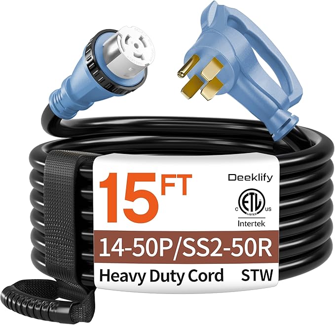 15FT 50 Amp Generator Cord, NEMA 14-50P/SS2-50R Heavy-Duty 4 Conductors Cable, Pure Copper STW RV Extension Cord, Female Plug with Twist Lock, Suitable for RV or Camper, ETL Listed