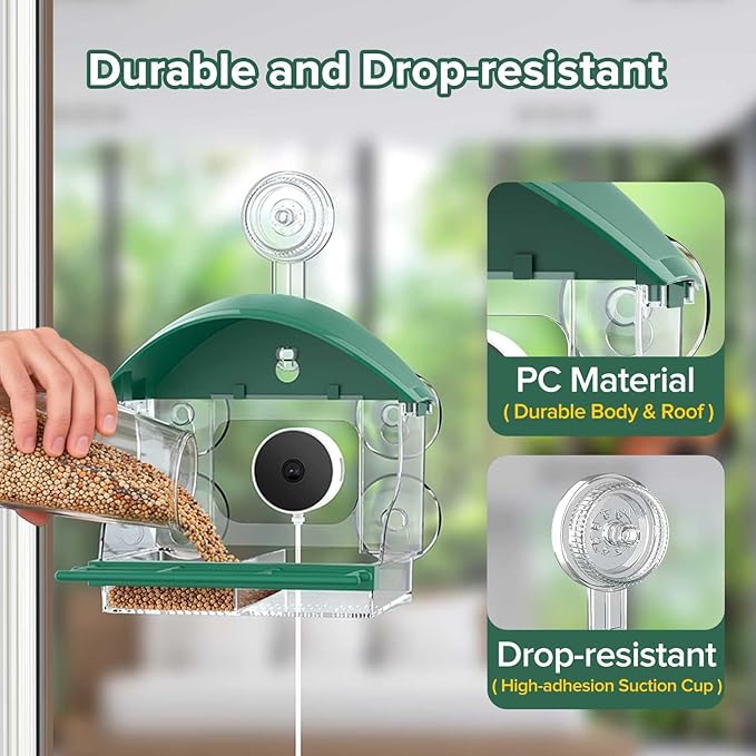 Window Bird Feeder with Camera for Bird Watching,2K Live Video,AI Bird Identification,Instant Arrival Alerts,24/7 Recording,Support 2.4G/5G WiFi,Featuring 5 Strong Suction Cups.