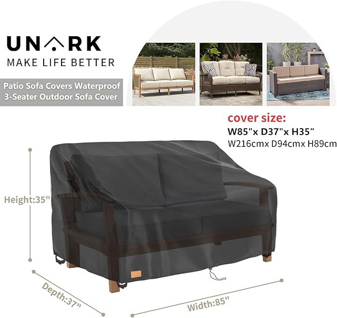 Patio 3-Seater Sofa Cover, Outdoor Couch Cover Fits up to 85W x 38D x 35H Inches, Waterproof Heavy Duty Patio Furniture Covers, Black