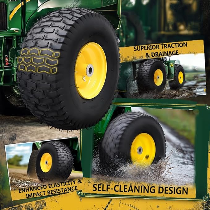 15x6.00-6 Tubeless Tire and Wheel Assembly(2 Pack) ，Replacement Riding Lawn Mower Front Tires,Compatible withRiding Mowers and Lawn Tractor, 3" Offset Hub and 3/4" Bushings（Yellow)
