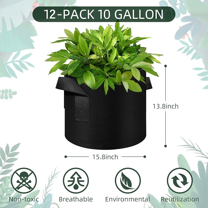 5/10/12/20/30 Pack 10 Gallon Grow Bags, Heavy Duty Thickened Nonwoven Fabric Pots with Handles, Plant Grow Bags for Vegetable/Flower/Plant/Fruits, Black (12 Pack)